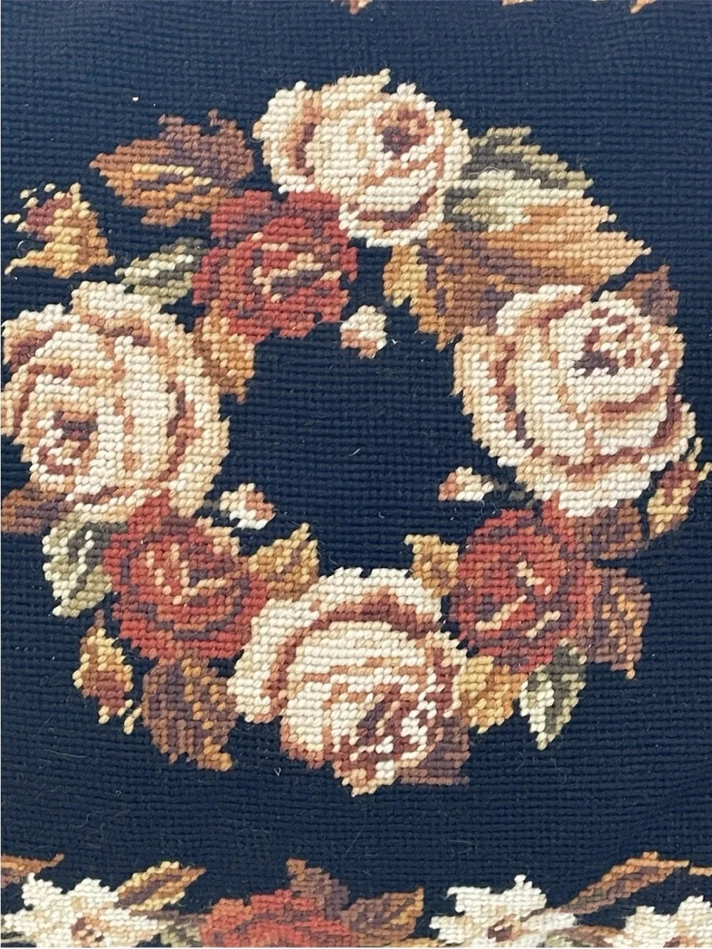NeedlePoint Black Wool & Autumn Roses Pillow Case Handmade 16 X 15.5